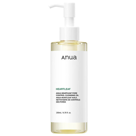 Anua Heartleaf Pore Control Cleansing Oil 200ml clear bottle, a gentle Korean oil cleanser formulated for double cleansing and removing blackheads.